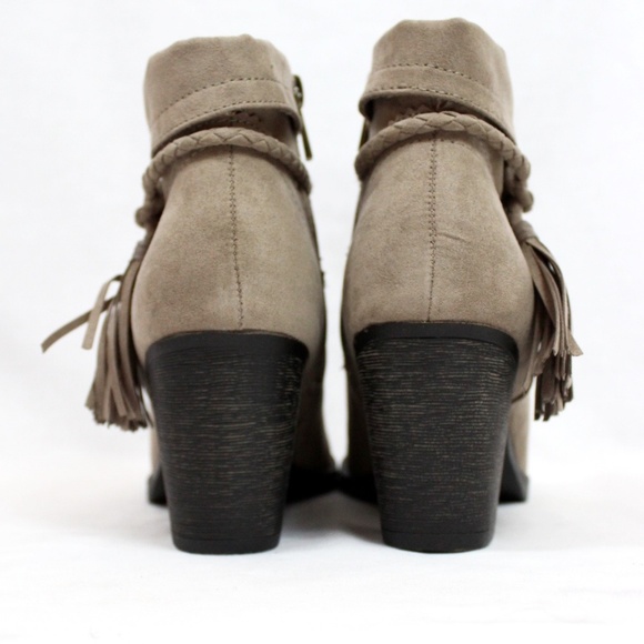 Taupe Suede Tassel Chunky Heeled Almond Toe Bootie - Picture 4 of 4